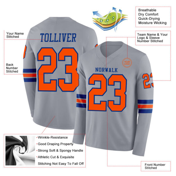 Custom Gray Orange-Royal Long Sleeve Authentic Football Jersey