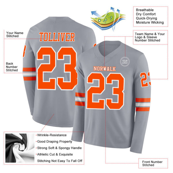 Custom Gray Orange-White Long Sleeve Authentic Football Jersey