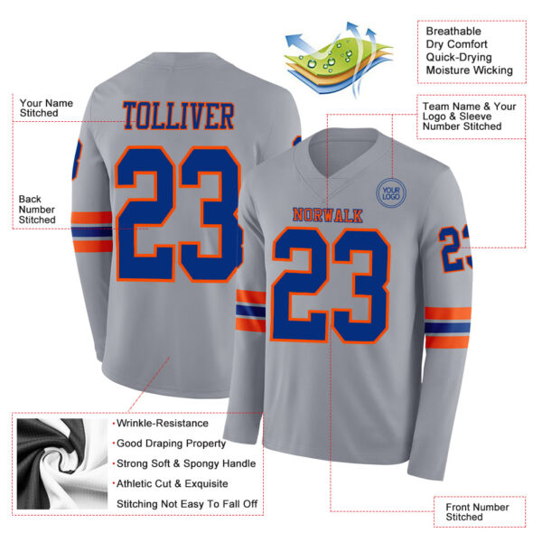 Custom Gray Royal-Orange Long Sleeve Authentic Football Jersey