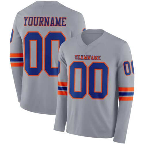 Custom Gray Royal-Orange Long Sleeve Authentic Football Jersey
