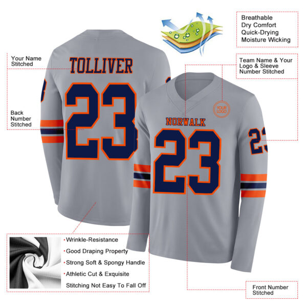 Custom Gray Navy-Orange Long Sleeve Authentic Football Jersey
