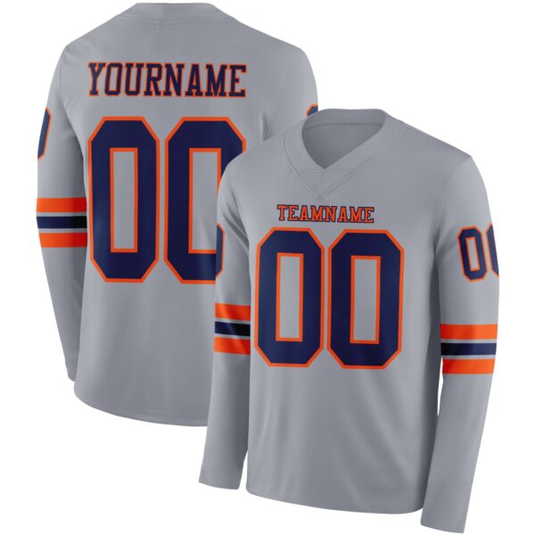 Custom Gray Navy-Orange Long Sleeve Authentic Football Jersey