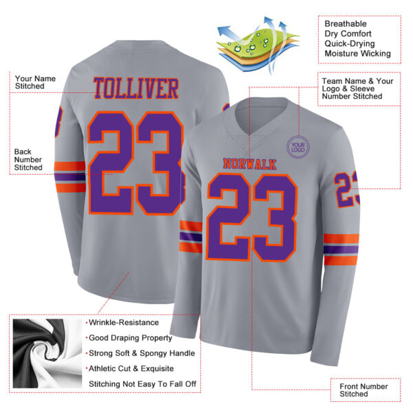 Custom Gray Purple-Orange Long Sleeve Authentic Football Jersey