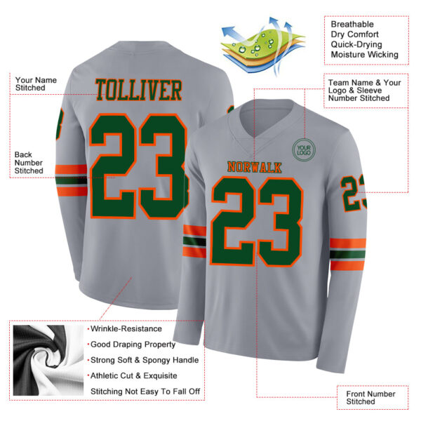 Custom Gray Green-Orange Long Sleeve Authentic Football Jersey