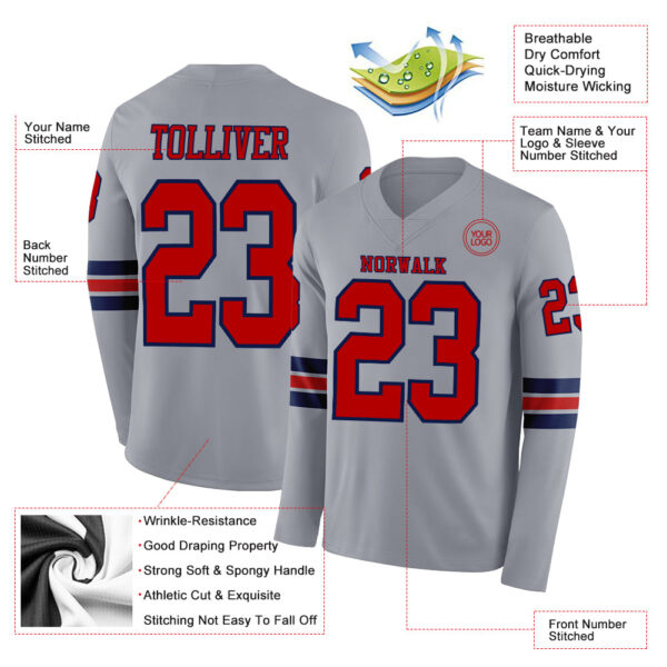 Custom Gray Red-Navy Long Sleeve Authentic Football Jersey