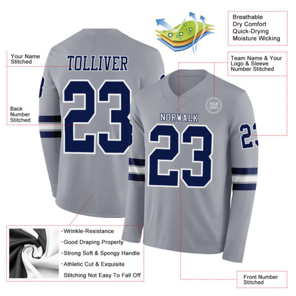 Custom Gray Navy-White Long Sleeve Authentic Football Jersey