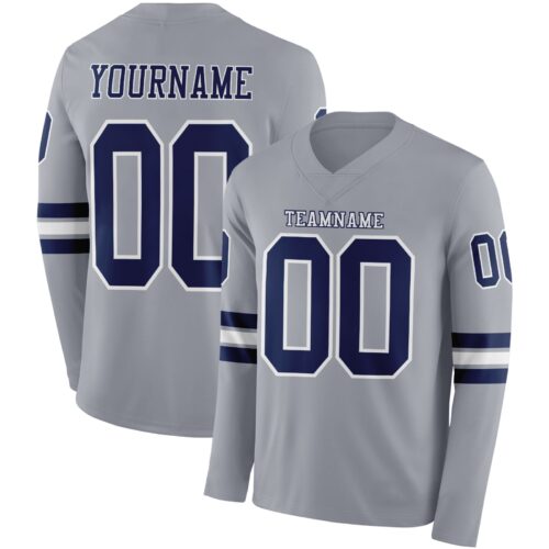 Custom Gray Navy-White Long Sleeve Authentic Football Jersey