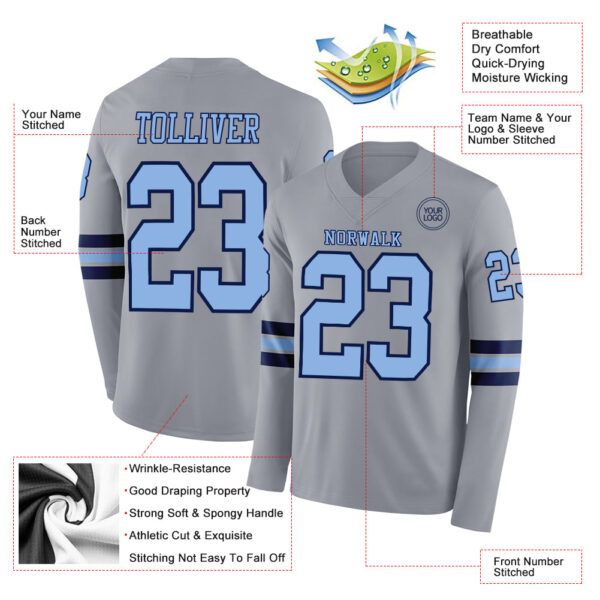 Custom Gray Light Blue-Navy Long Sleeve Authentic Football Jersey