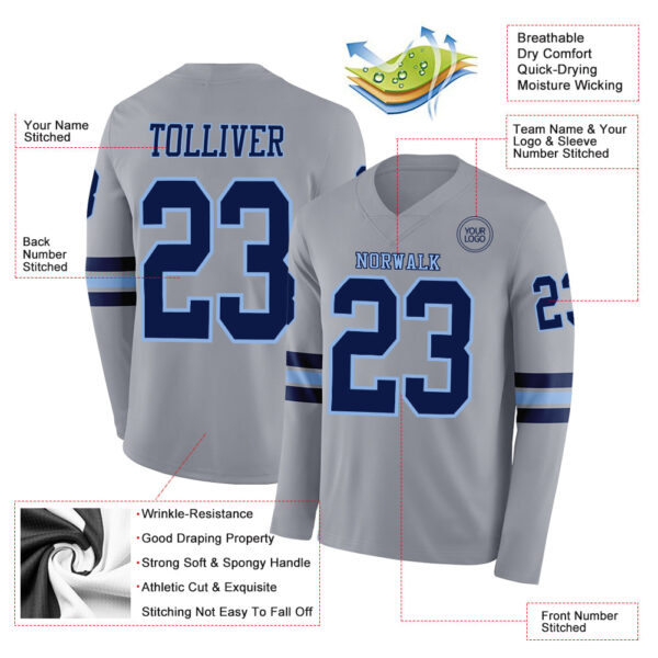 Custom Gray Navy-Light Blue Long Sleeve Authentic Football Jersey
