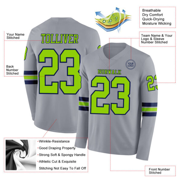 Custom Gray Neon Green-Navy Long Sleeve Authentic Football Jersey