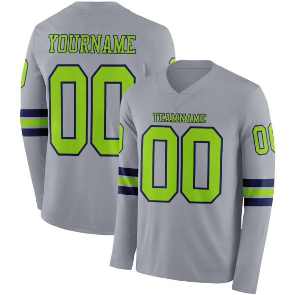 Custom Gray Neon Green-Navy Long Sleeve Authentic Football Jersey