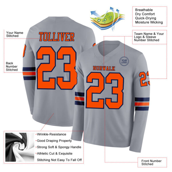 Custom Gray Orange-Navy Long Sleeve Authentic Football Jersey