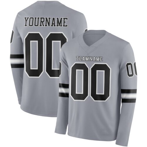 Custom Gray Black-White Long Sleeve Authentic Football Jersey