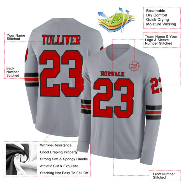 Custom Gray Red-Black Long Sleeve Authentic Football Jersey