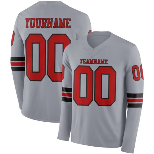 Custom Gray Red-Black Long Sleeve Authentic Football Jersey