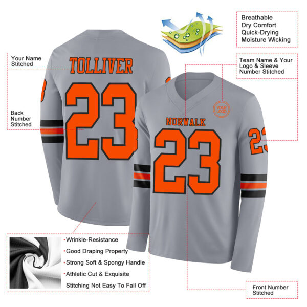 Custom Gray Orange-Black Long Sleeve Authentic Football Jersey
