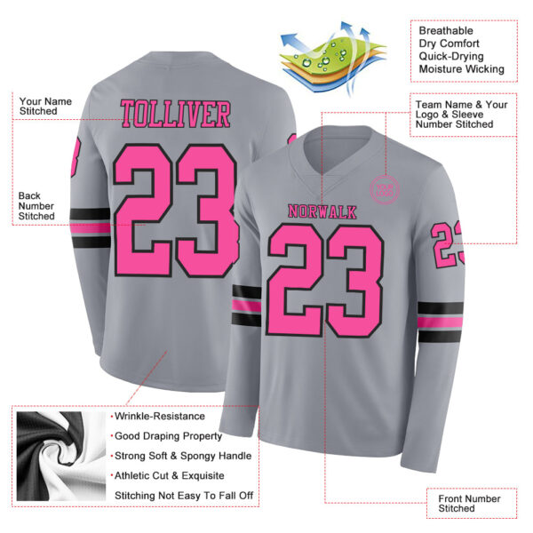 Custom Gray Pink-Black Long Sleeve Authentic Football Jersey