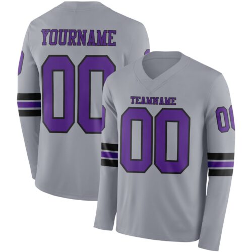 Custom Gray Purple-Black Long Sleeve Authentic Football Jersey
