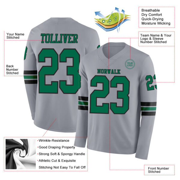 Custom Gray Kelly Green-Black Long Sleeve Authentic Football Jersey