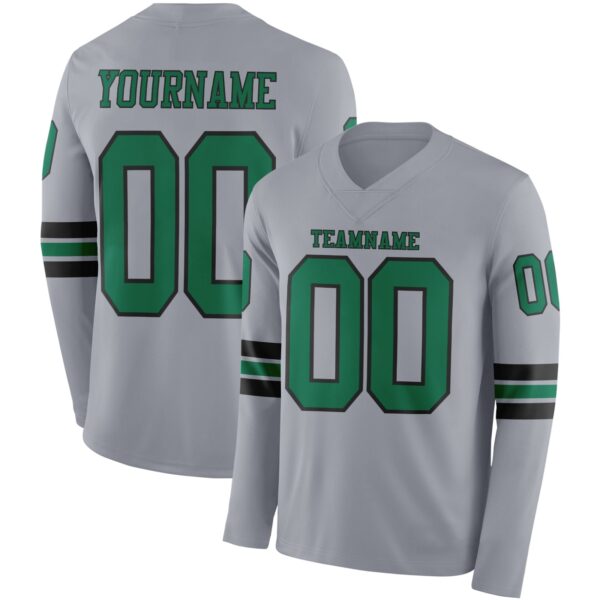 Custom Gray Kelly Green-Black Long Sleeve Authentic Football Jersey