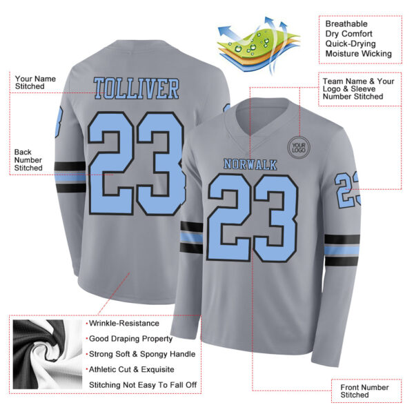 Custom Gray Light Blue-Black Long Sleeve Authentic Football Jersey