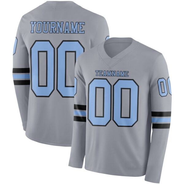 Custom Gray Light Blue-Black Long Sleeve Authentic Football Jersey