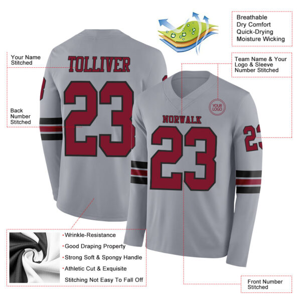 Custom Gray Crimson-Black Long Sleeve Authentic Football Jersey