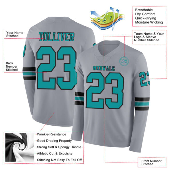 Custom Gray Teal-Black Long Sleeve Authentic Football Jersey