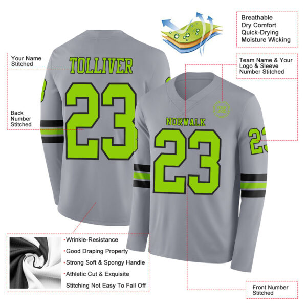 Custom Gray Neon Green-Black Long Sleeve Authentic Football Jersey