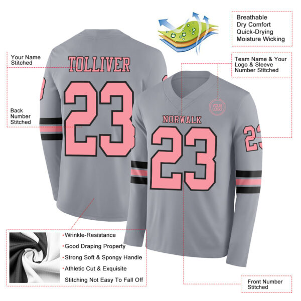 Custom Gray Medium Pink-Black Long Sleeve Authentic Football Jersey