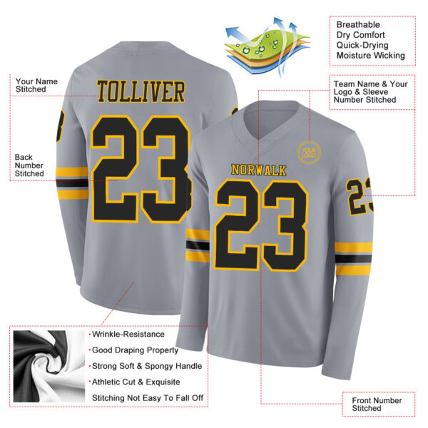 Custom Gray Black-Gold Long Sleeve Authentic Football Jersey