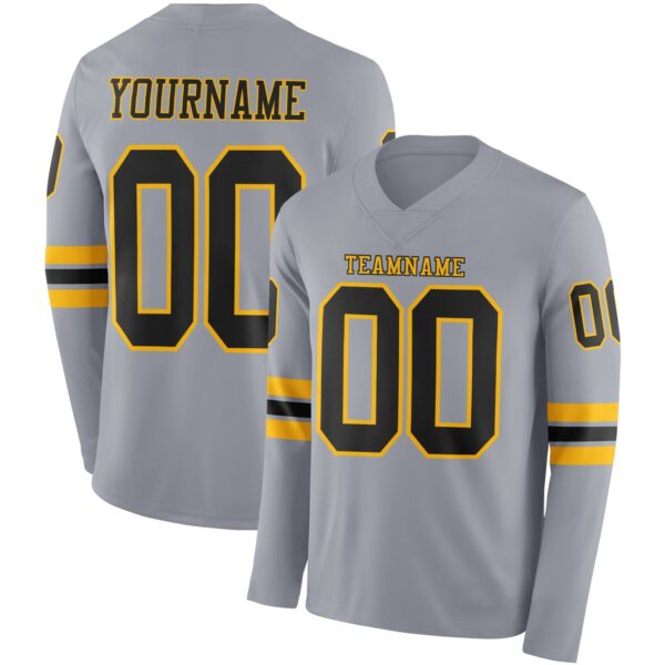 Custom Gray Black-Gold Long Sleeve Authentic Football Jersey