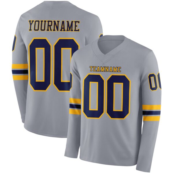 Custom Gray Navy-Gold Long Sleeve Authentic Football Jersey