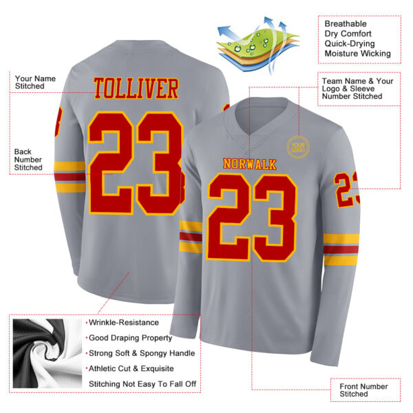 Custom Gray Red-Gold Long Sleeve Authentic Football Jersey