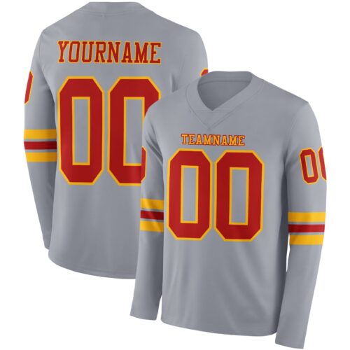 Custom Gray Red-Gold Long Sleeve Authentic Football Jersey