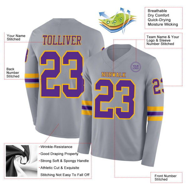 Custom Gray Purple-Gold Long Sleeve Authentic Football Jersey