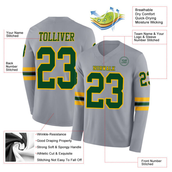 Custom Gray Green-Gold Long Sleeve Authentic Football Jersey