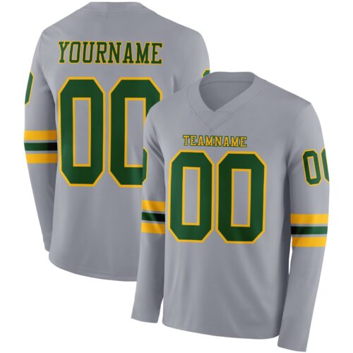 Custom Gray Green-Gold Long Sleeve Authentic Football Jersey