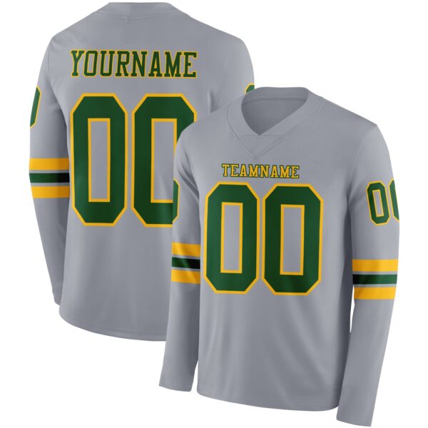 Custom Gray Green-Gold Long Sleeve Authentic Football Jersey