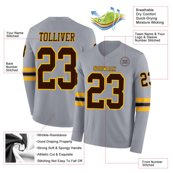 Custom Gray Brown-Gold Long Sleeve Authentic Football Jersey