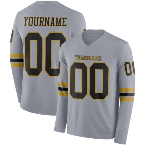 Custom Gray Black-Old Gold Long Sleeve Authentic Football Jersey
