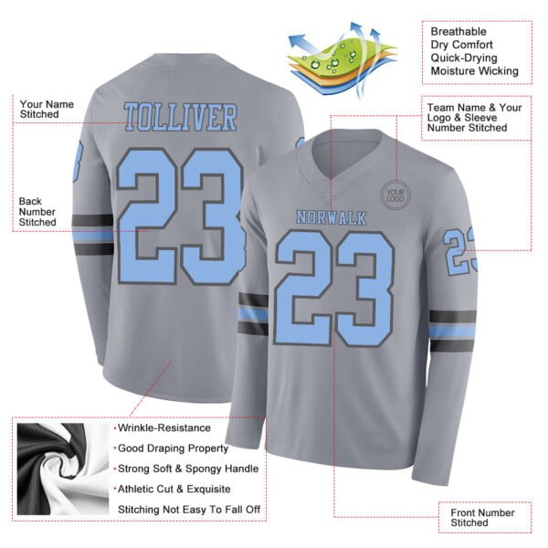 Custom Gray Light Blue-Steel Gray Long Sleeve Authentic Football Jersey