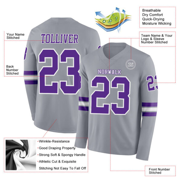 Custom Gray Purple-White Long Sleeve Authentic Football Jersey