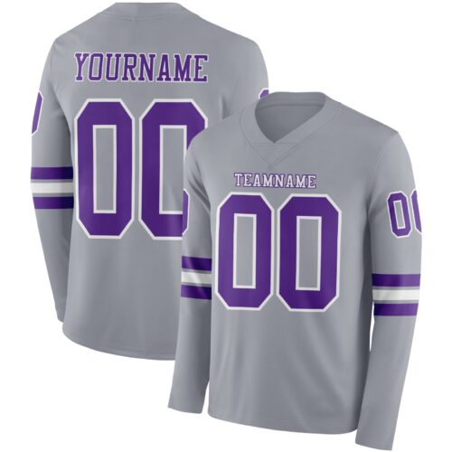 LongSleeve1148 Custom Gray Purple-White Long Sleeve Authentic Football Jersey