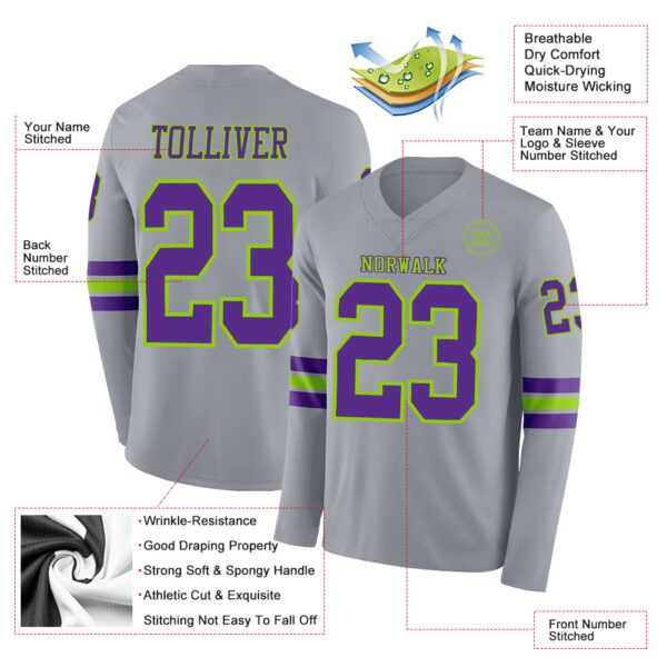 Custom Gray Purple-Neon Green Long Sleeve Authentic Football Jersey