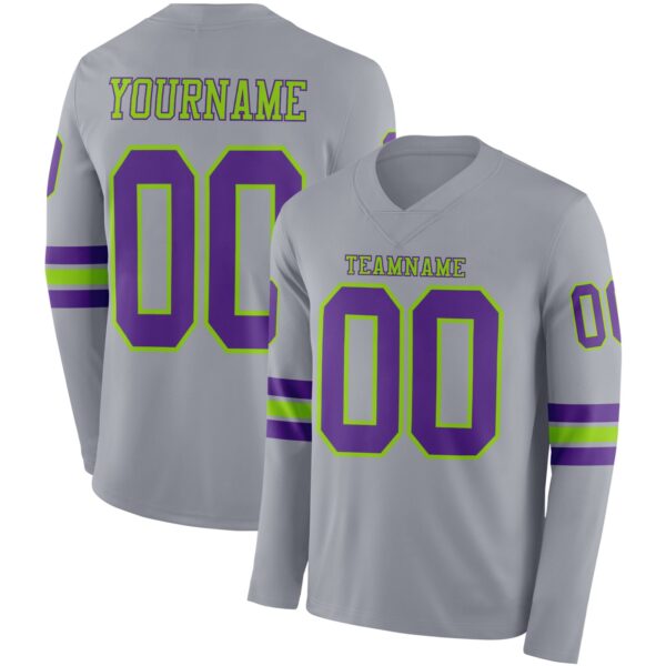 Custom Gray Purple-Neon Green Long Sleeve Authentic Football Jersey