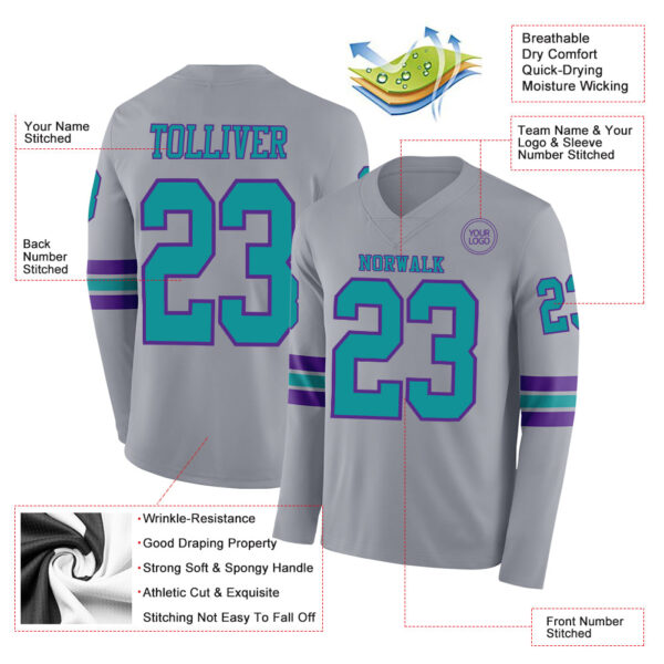 Custom Gray Teal-Purple Long Sleeve Authentic Football Jersey