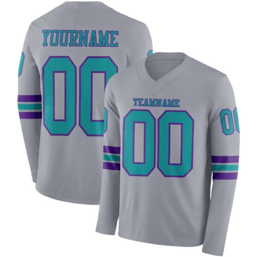 LongSleeve1150 Custom Gray Teal-Purple Long Sleeve Authentic Football Jersey