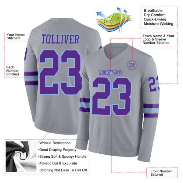 Custom Gray Purple-Light Blue Long Sleeve Authentic Football Jersey