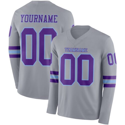 LongSleeve1151 Custom Gray Purple-Light Blue Long Sleeve Authentic Football Jersey